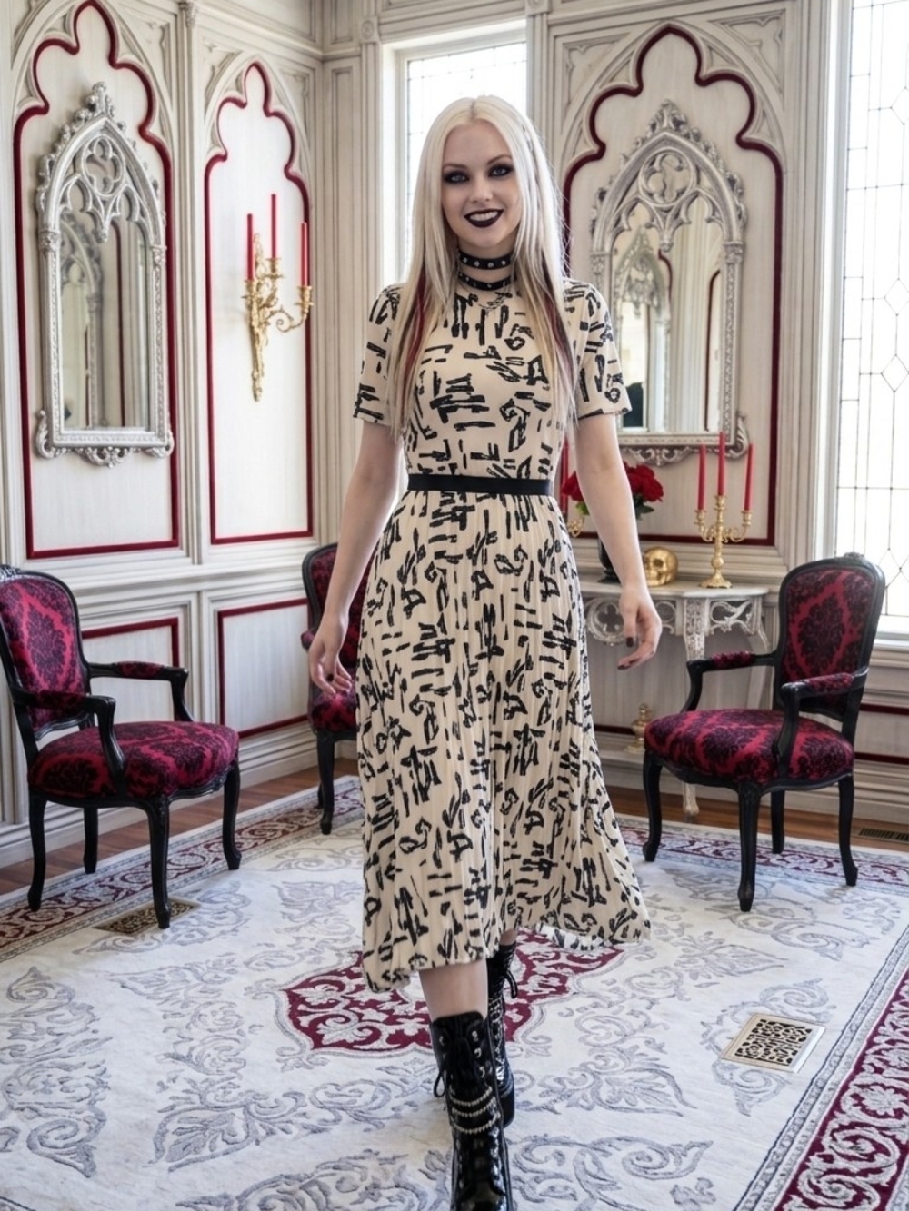 Maje Size 38/M Rosyla Black White Geo Print Pleated High-Low Dress